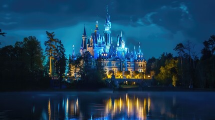 Obraz premium A majestic castle illuminated at night.