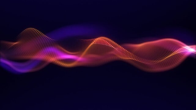 Bright orange wave on a dark blue background. Fluorescent yellow purple smoke. Smooth particle movements blurry data stream. Oscillation of digital waves. Looping magenta vibration of the flow 