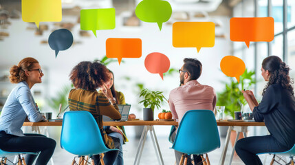 Business team in a meeting, discussing ideas with colorful speech bubbles above their heads, symbolizing communication and brainstorming.