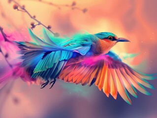 Obraz premium A colorful bird with a rainbow tail is flying through the sky
