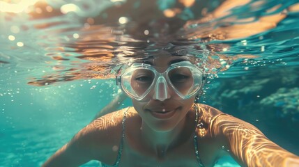 Naklejka premium Young Woman Diving Underwater in the Sea on a Sunny Day