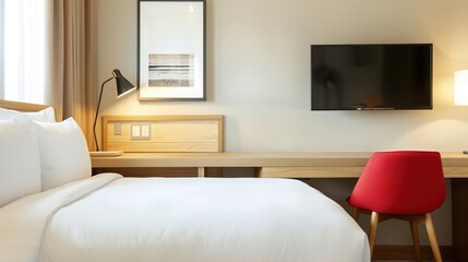 Modern Hotel Room with Workspace, High-Speed Internet, and Ergonomic Chair for Business Travelers