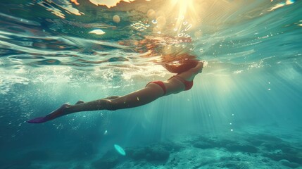 Young Woman Diving Underwater in the Sea on a Sunny Day