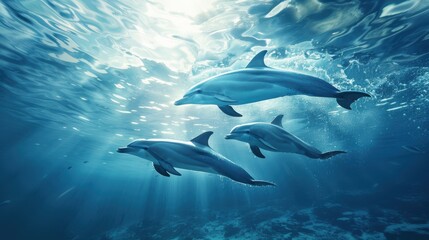 Fototapeta premium Three dolphins swimming in the ocean