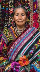 A woman wearing a colorful dress and flower in her hair
