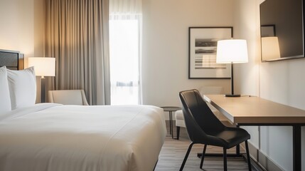 Fototapeta premium Modern Hotel Room with Workspace, High-Speed Internet, and Ergonomic Chair for Productive Stay