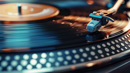 A vinyl record spins smoothly on a turntable, creating a warm atmosphere in a cozy room illuminated by soft lighting