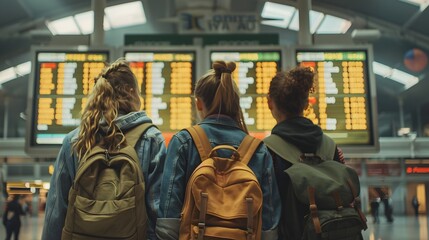 Travelers Waiting in Airport Terminal with Flight Information Screens