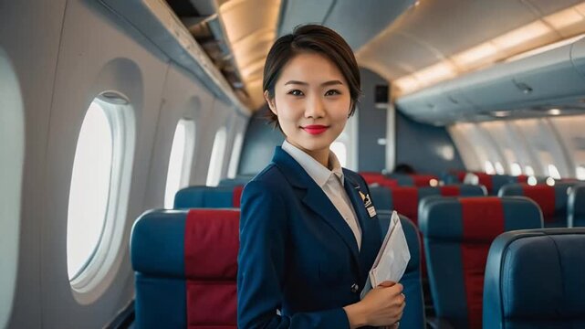 Beautiful smiling asian girl stewardess on the plane professional