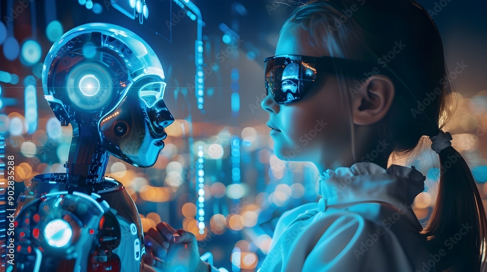 Poster boy interacting with advanced humanoid robot in futuristic virtual setting
