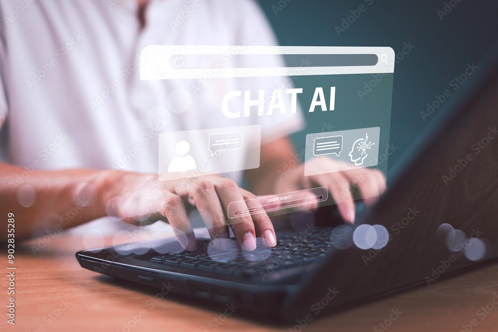 Poster ai bot chat with customer, blue background. man use computer laptop chat with ai, artificial intelli