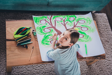 Above view portrait of cute little girl drawing tree wear shirt loft interior modern flat indoors