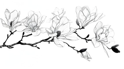 Fototapeta premium Elegant Magnolia Blossoms on Delicate Spring Branches in Monochrome Portrayal