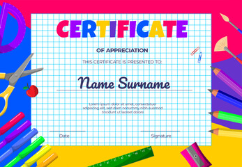 School Certificate for children. Colorfull Template for Back to school, teacher's day, love of knowledge. Vector illustration EPS10
