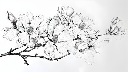 Elegant Magnolia Blossoms on Branch in Detailed Botanical