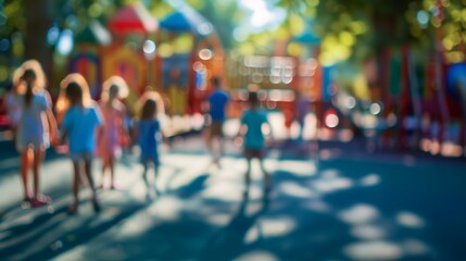 Fototapeta premium Blurred silhouettes of children playing in a vibrant, colorful playground on a sunny day, creating a dreamy and nostalgic atmosphere of carefree childhood fun.