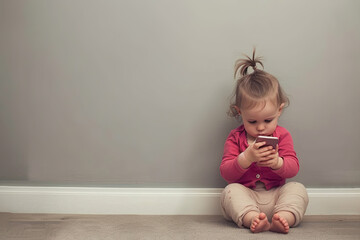 Naklejka premium Baby using mobile phone, screen addiction smart device problems, text texting infant, babies people toddler, generated ai