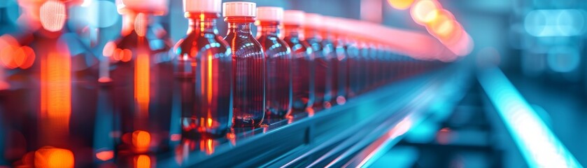 Closeup of pharmaceutical bottles on a production line in a factory. Modern industrial automation and technology in healthcare manufacturing.