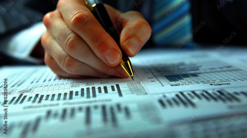 Poster businessman using a pen to analyze financial charts and graphs on a report, representing data analys