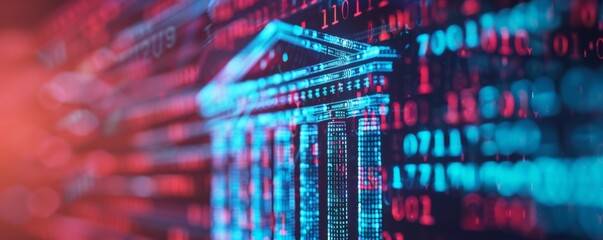 Digital banking and financial technology concept with binary code overlaid on a traditional bank building.