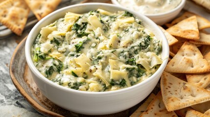 A bowl of creamy spinach and artichoke dip with a side of pita chips.