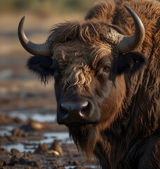A buffalo bull close up of an animal in mud
