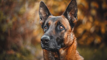 Fototapeta premium A close-up of a Belgian Malinois with its alert and intelligent expression, standing in a yard.