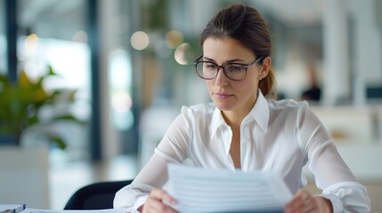 Professional Businesswoman Analyzing Financial Reports in Bank Office, Focused on Meticulous Finance Management