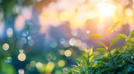 Vibrant green leaves in foreground with soft, dreamy bokeh background of golden sunlight filtering through trees, creating a magical nature scene.