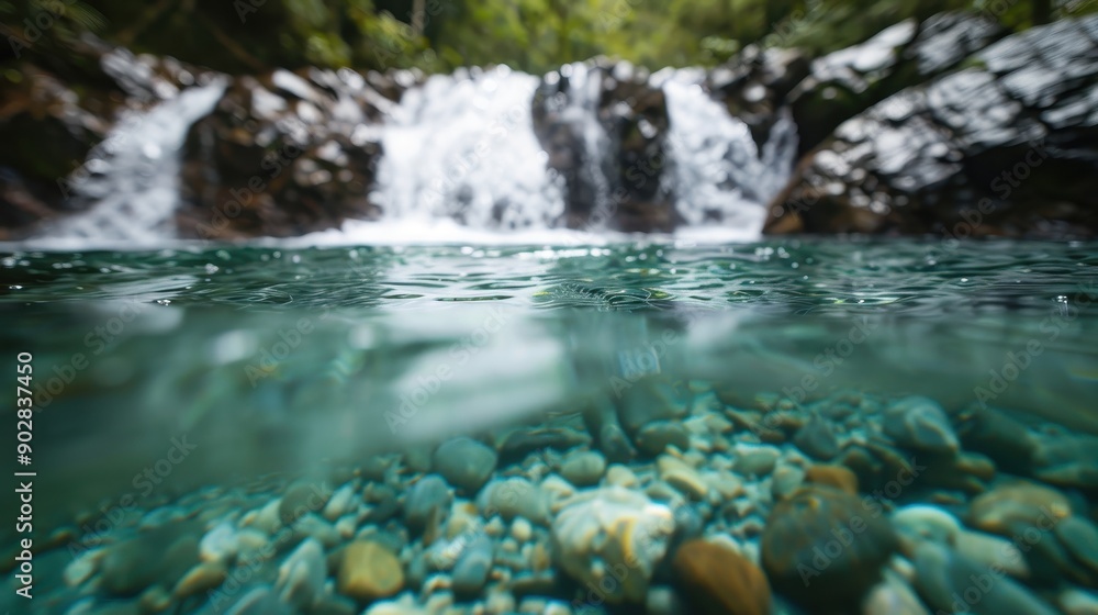Poster a beautiful image capturing crystal clear water with visible rocks beneath, and a cascading waterfal