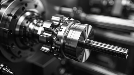 Fototapeta premium Close-Up of CNC Lathe Machine Crafting Metal Shafts