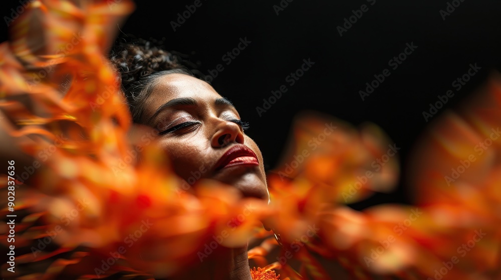 Poster an abstract image showcasing vibrant, swirling orange motifs set against a dark background, creating