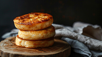 Three newly baked english muffins are arranged in a stack on a rustic wooden cutting board - Powered by Adobe