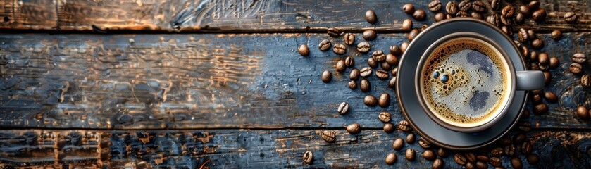 A white coffee cup with a dark brown liquid in it sits on a wooden table. The table is covered in coffee beans, creating a cozy and inviting atmosphere. Concept of warmth and comfort