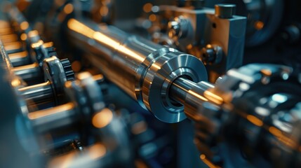 Fototapeta premium Close-Up of CNC Lathe Machine Crafting Metal Shafts
