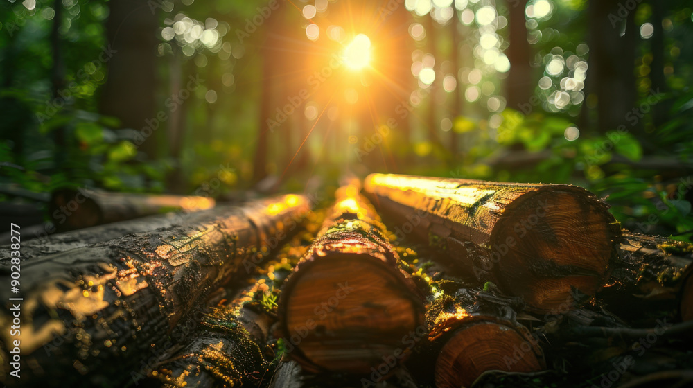 Poster close-up of sunlit logs lying in a forest clearing, surrounded by lush greenery with sunlight filter