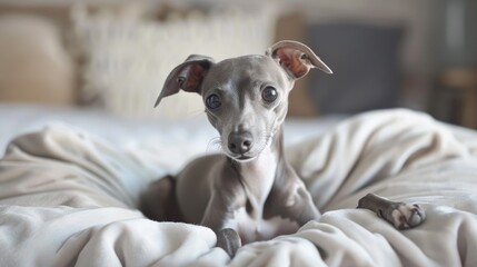 A cute Italian Greyhound with its slender build, sitting on a plush pillow.