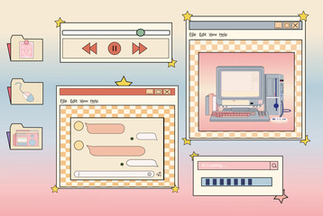 Linear retro vaporwave desktop wallpaper. Abstract vintage aesthetic background. Modern comic illustrations. Trendy, nostalgic, colorful style 80s, 90s. Posters, social media posts, story template.