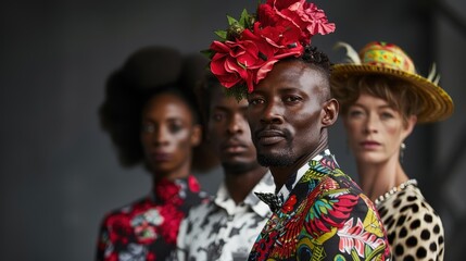 A striking image of four diverse models showcasing bold, colorful, and floral fashion outfits and...