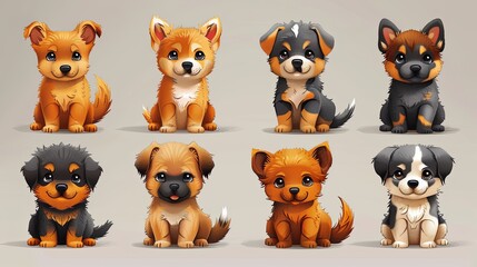 Cute dogs doodle vector seamless pattern. Cartoon dog or puppy characters design collection with flat color in different poses. Set of funny pet animals isolated on background