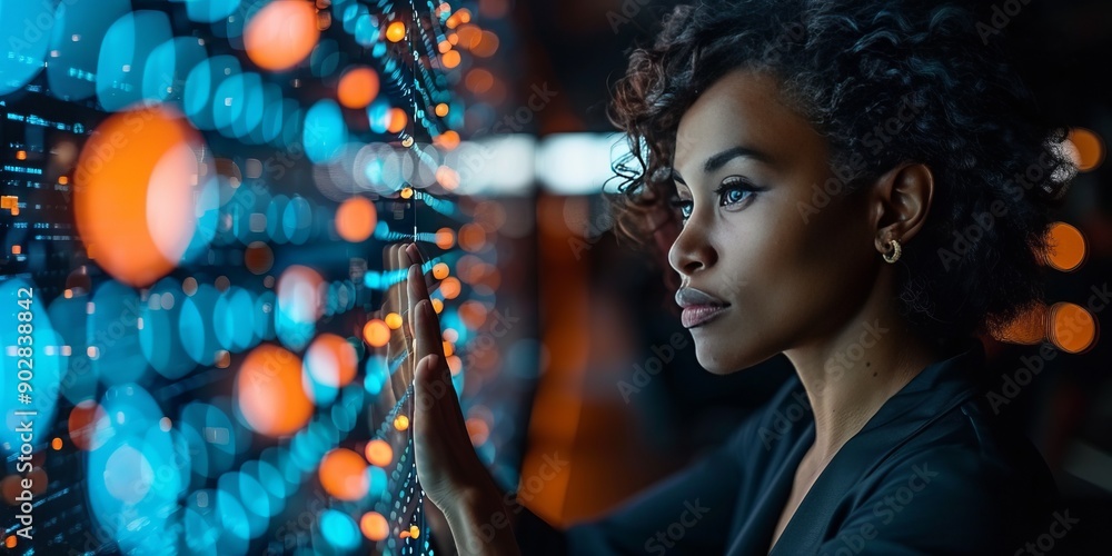 Aufkleber woman interacting with a digital interface featuring glowing data points and vibrant bokeh lights