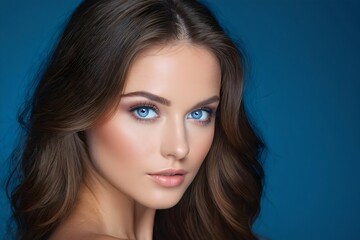 Naklejka premium Studio shot of a brunette woman with blue eyes and flawless skin, glamorous and stylish portrait on a blue backdrop