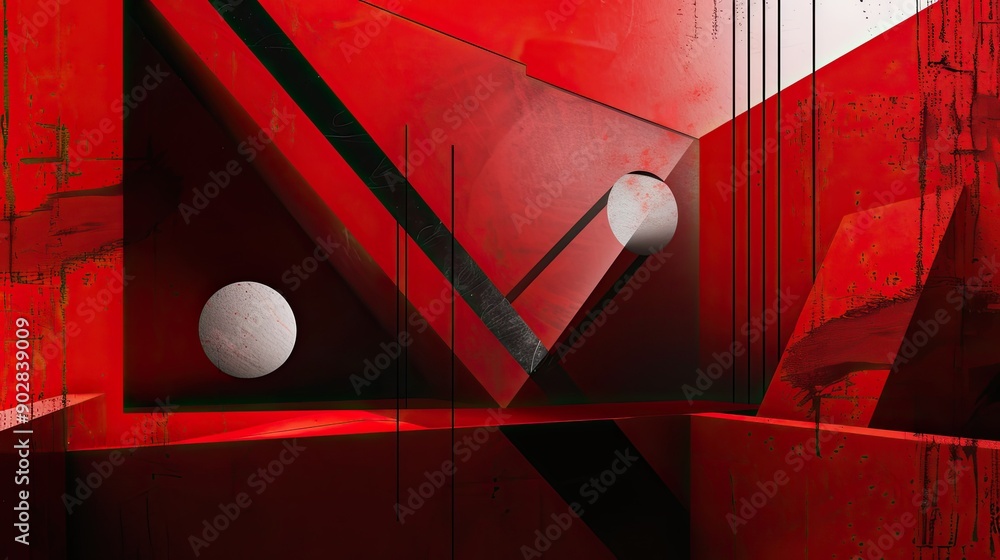Poster a deep red background with abstract, geometric shapes in black and white, adding a modern and stylis