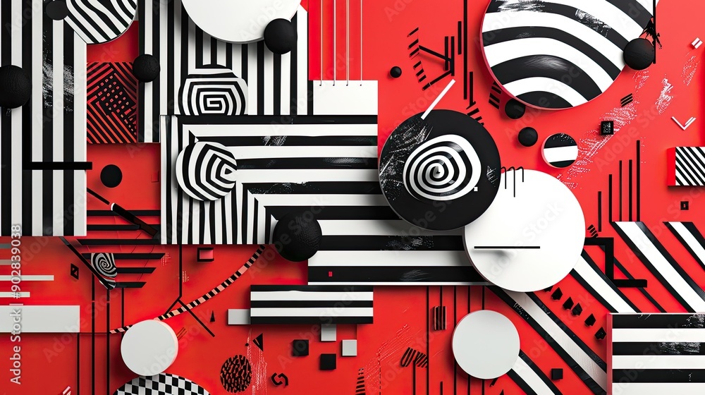 Poster a deep red background with abstract, geometric shapes in black and white, adding a modern and stylis