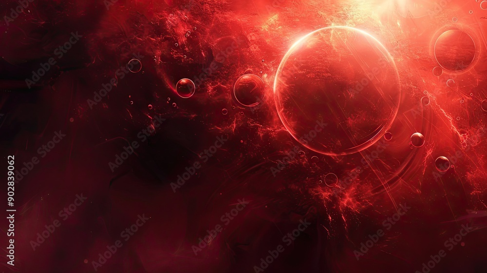 Poster a deep red background with soft, glowing orbs and light flares, creating a mystical and ethereal atm