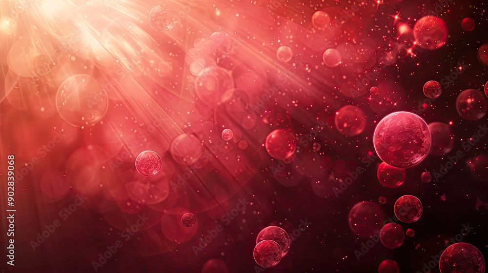 Poster a deep red background with soft, glowing orbs and light flares, creating a mystical and ethereal atm