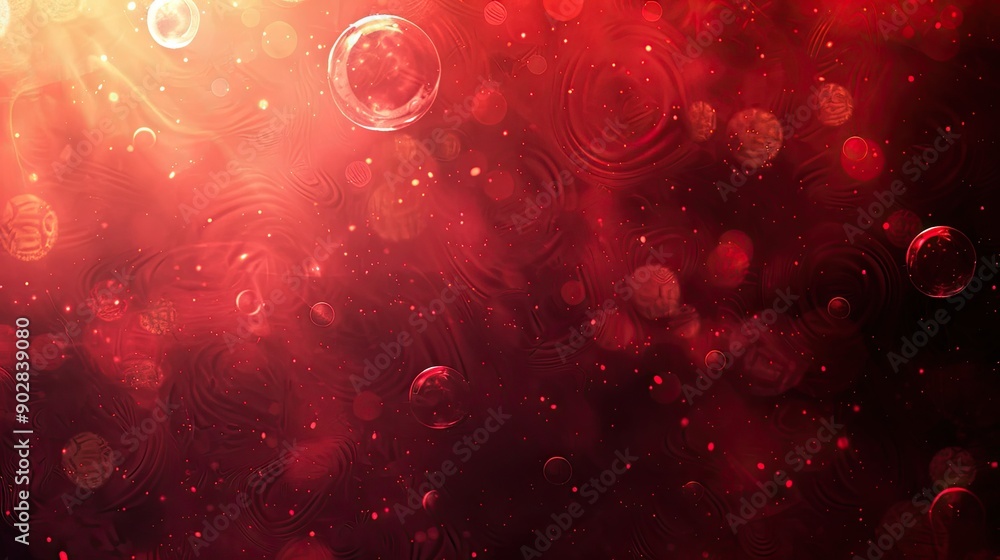Poster a deep red background with soft, glowing orbs and light flares, creating a mystical and ethereal atm