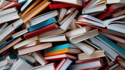 A close-up image depicting an assorted pile of various books stacked together haphazardly, symbolizing a wealth of knowledge and the abundance of academic resources.