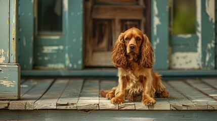 A friendly Cocker Spaniel with its fluffy ears and wagging tail, sitting on a porch.