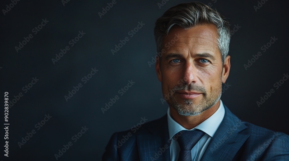 Poster Confident Businessman Portrait: A mature man in a suit with a serious expression and blue eyes, standing against a dark backdrop. His professional attire and composed posture radiate confidence and su